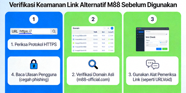 Ilustrasi tentang cara memverifikasi keamanan sebuah link alternatif M88 sebelum digunakan