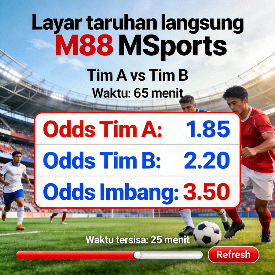 Layar taruhan langsung M88 MSports yang menunjukkan odds yang berubah-ubah selama pertandingan sepak bola berlangsung