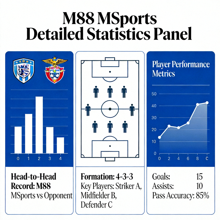 Panel statistik mendalam di M88 MSports yang menampilkan data head-to-head, formasi, dan performa pemain